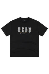 MEDM Vintage Denim Patch Rhinestone Crew Neck Tee