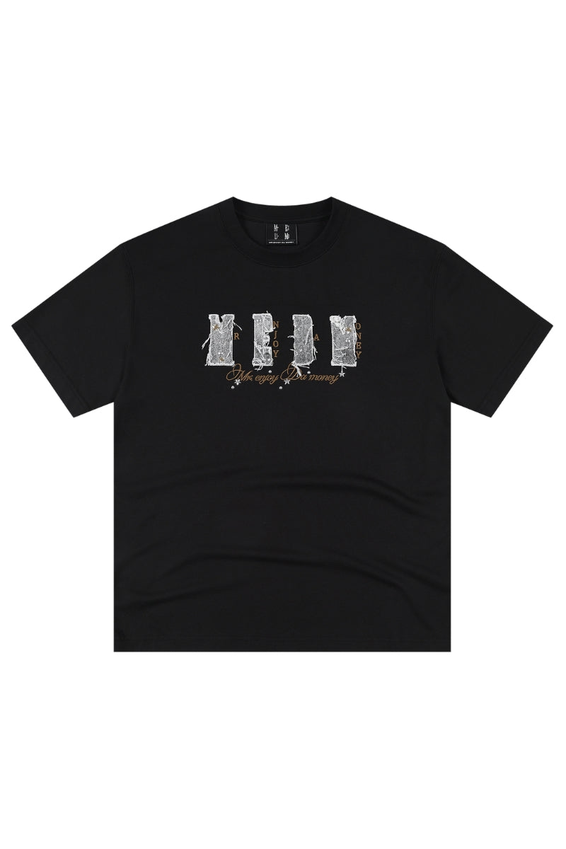 MEDM Vintage Denim Patch Rhinestone Crew Neck Tee
