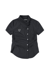 MEDM Heart Embroidery Plaid Cropped Shirt Women Slim Short Sleeve Top