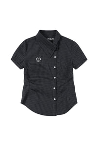 MEDM Heart Embroidery Plaid Cropped Shirt Women Slim Short Sleeve Top