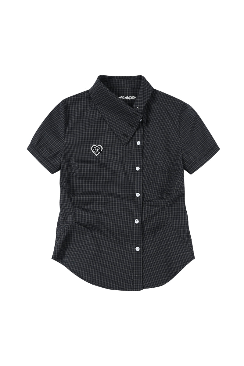 MEDM Heart Embroidery Plaid Cropped Shirt Women Slim Short Sleeve Top