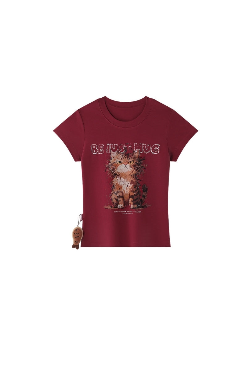 BJHG No‑Spoil Series Cat Print True‑Shoulder Fitted Tee Unisex Summer Couple Top