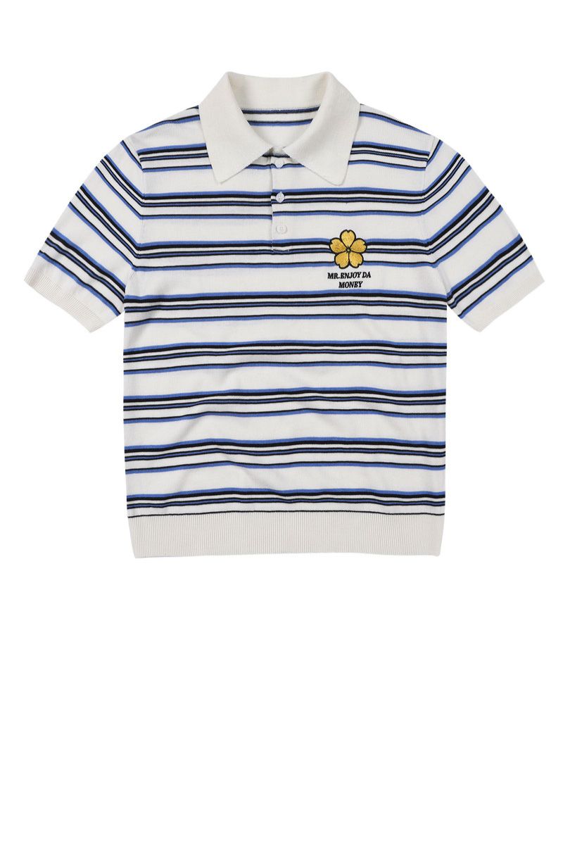 MEDM 3D Floral Stripe Knit Short Sleeve Polo Shirt for Men
