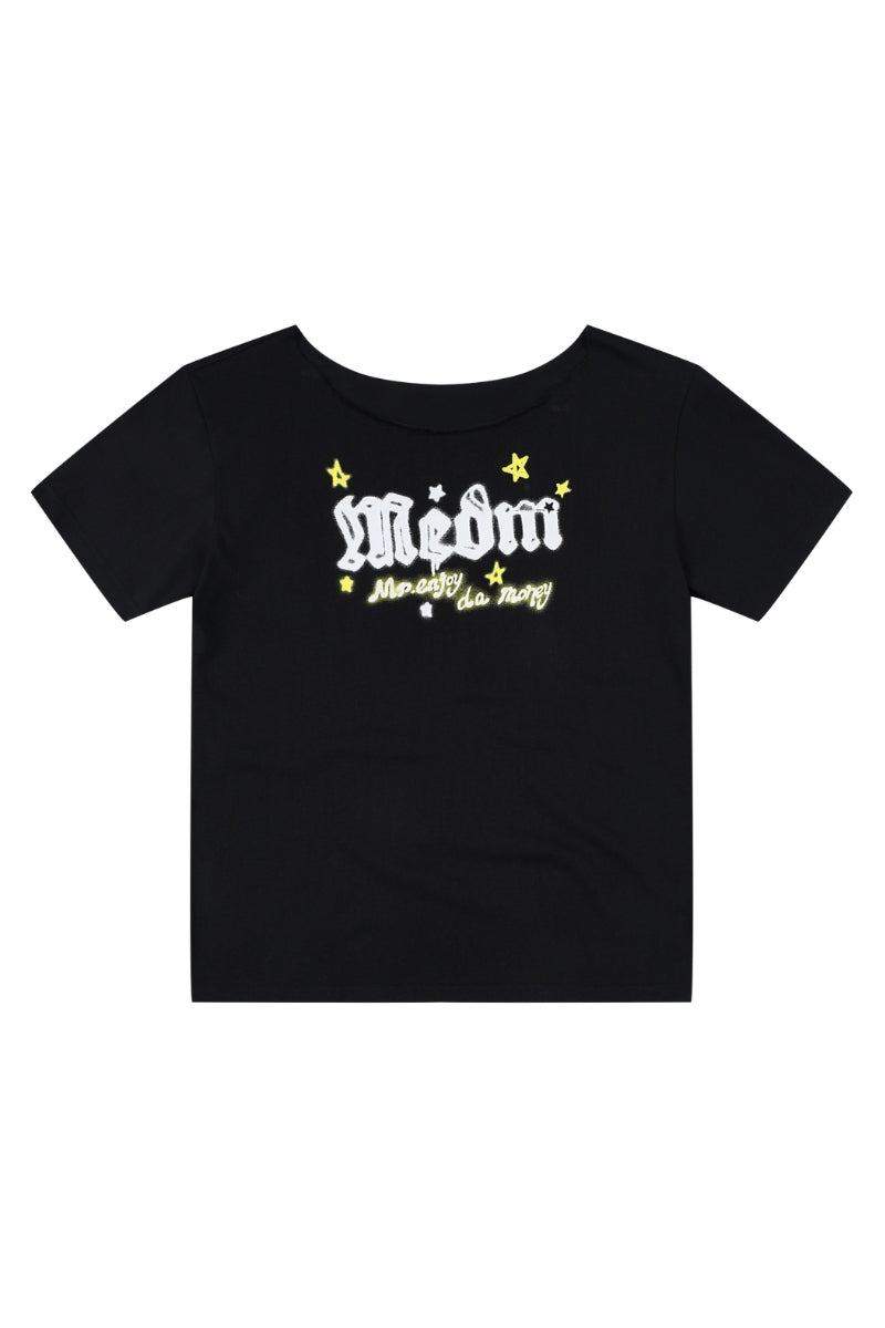 MEDM Slant Shoulder Graffiti Print Casual Women T-shirt