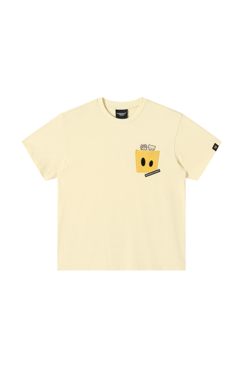 Dangerouspeople DSP Woven Label Pocket Print Tee Loose Drop‑Shoulder Couple T‑Shirt