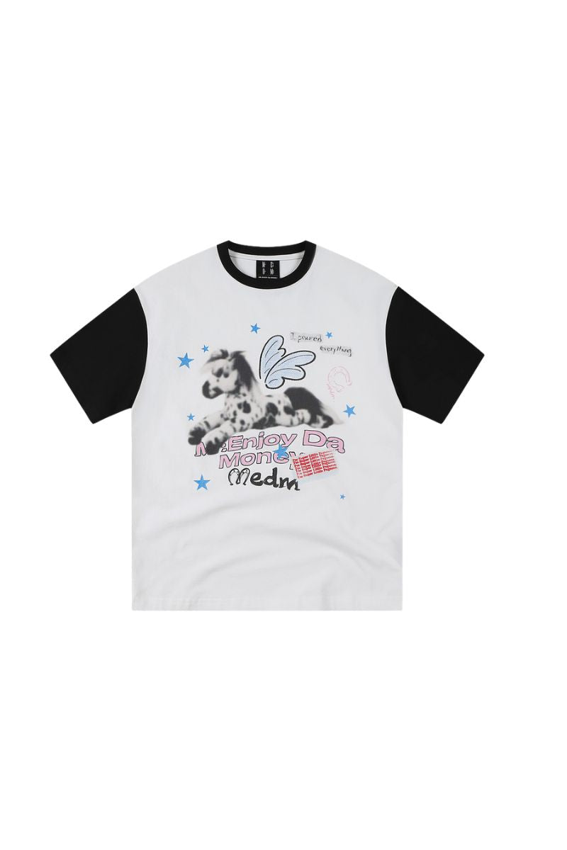MEDM Blurry Pony Print Glitter Stars Crew Neck T-shirt