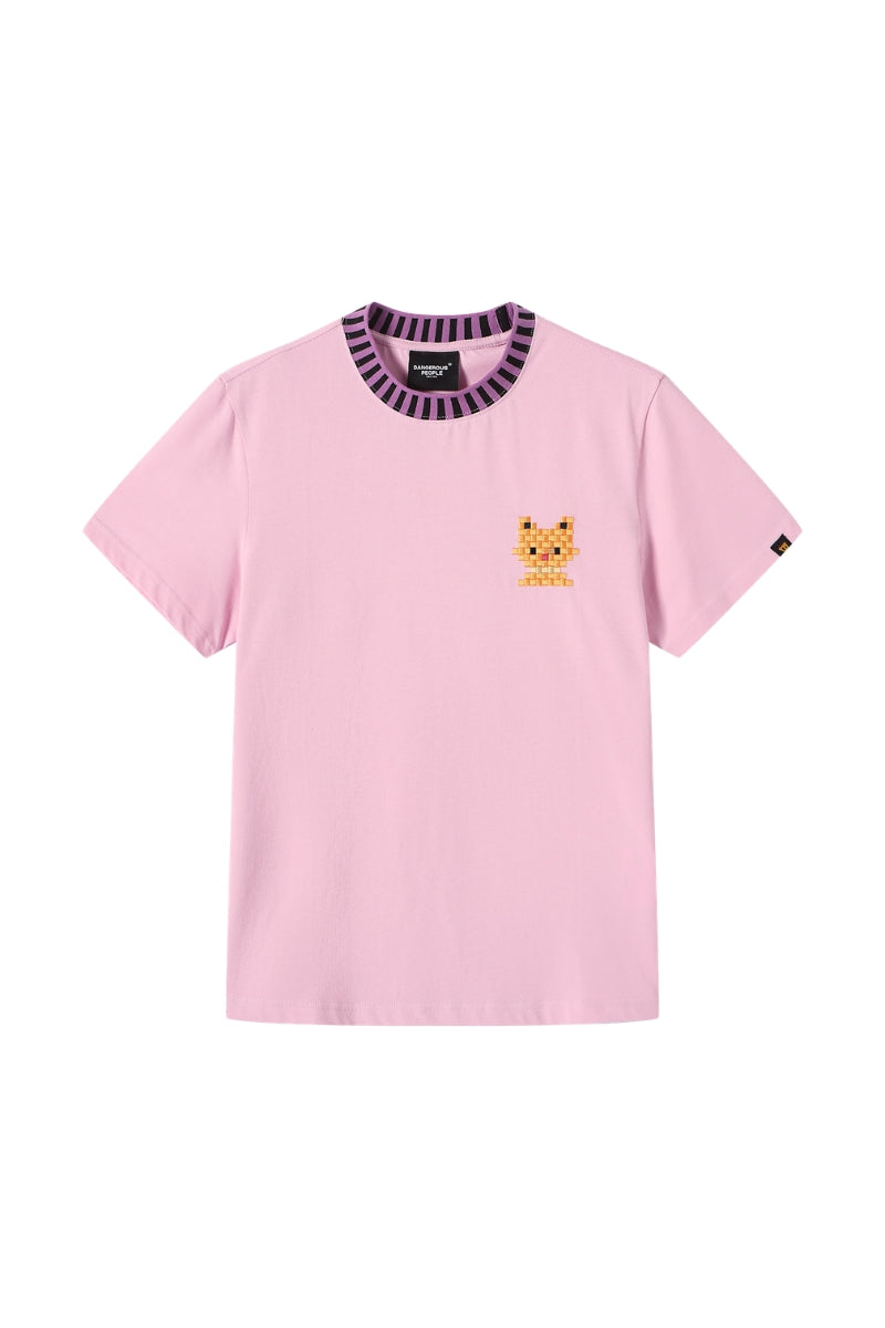 DangerousPeople DSP｜Striped Color Block Cat Embroidery Loose Short Sleeve Tee