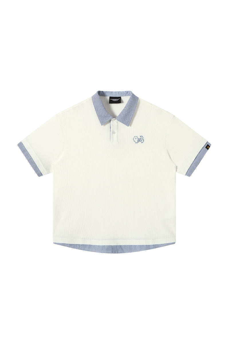 DangerousPeople DSP｜Fake Two‑Piece Dog Embroidery Oversized Drop‑Shoulder Polo Shirt