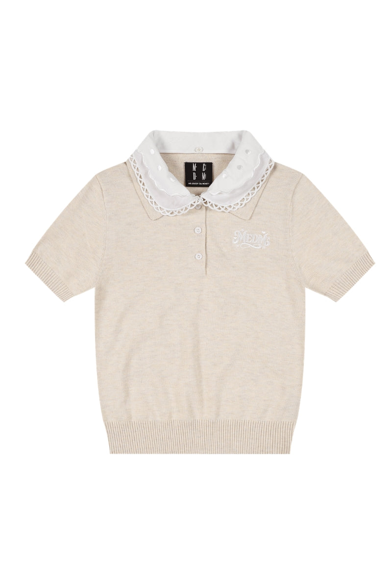 MEDM Detachable Lace Collar Knit Polo Women Summer Tee