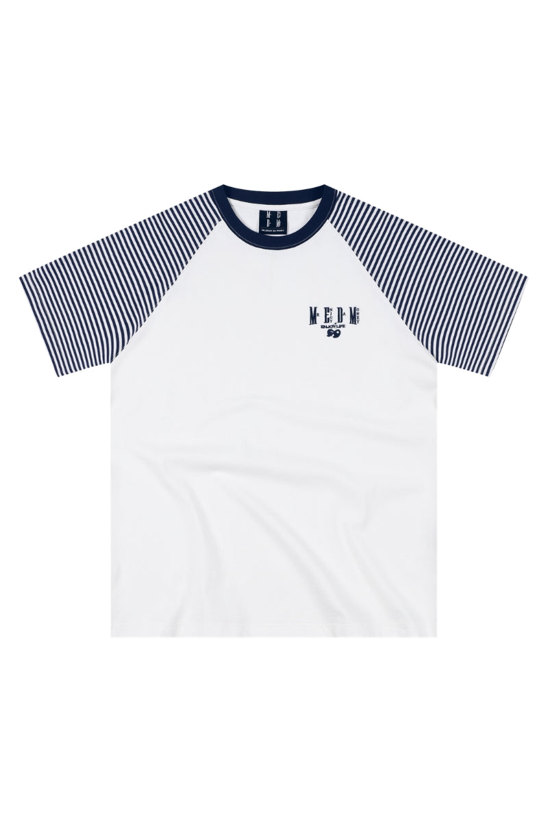 MEDM Stripe Raglan Embroidered Logo Loose T-shirt Men