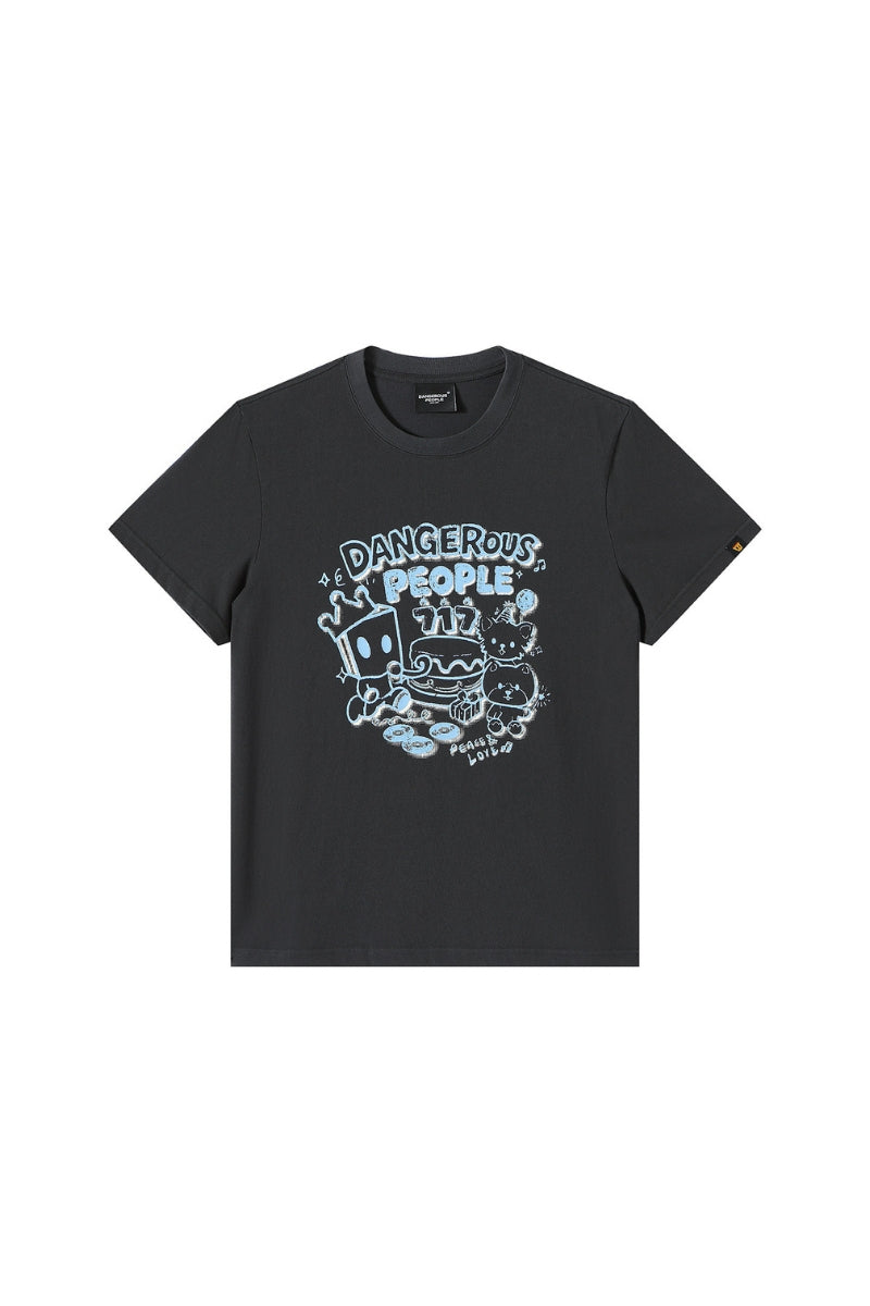 DangerousPeople DSP Mini‑D Home Hand‑Drawn Washed Tee Retro Texture Couple T‑Shirt
