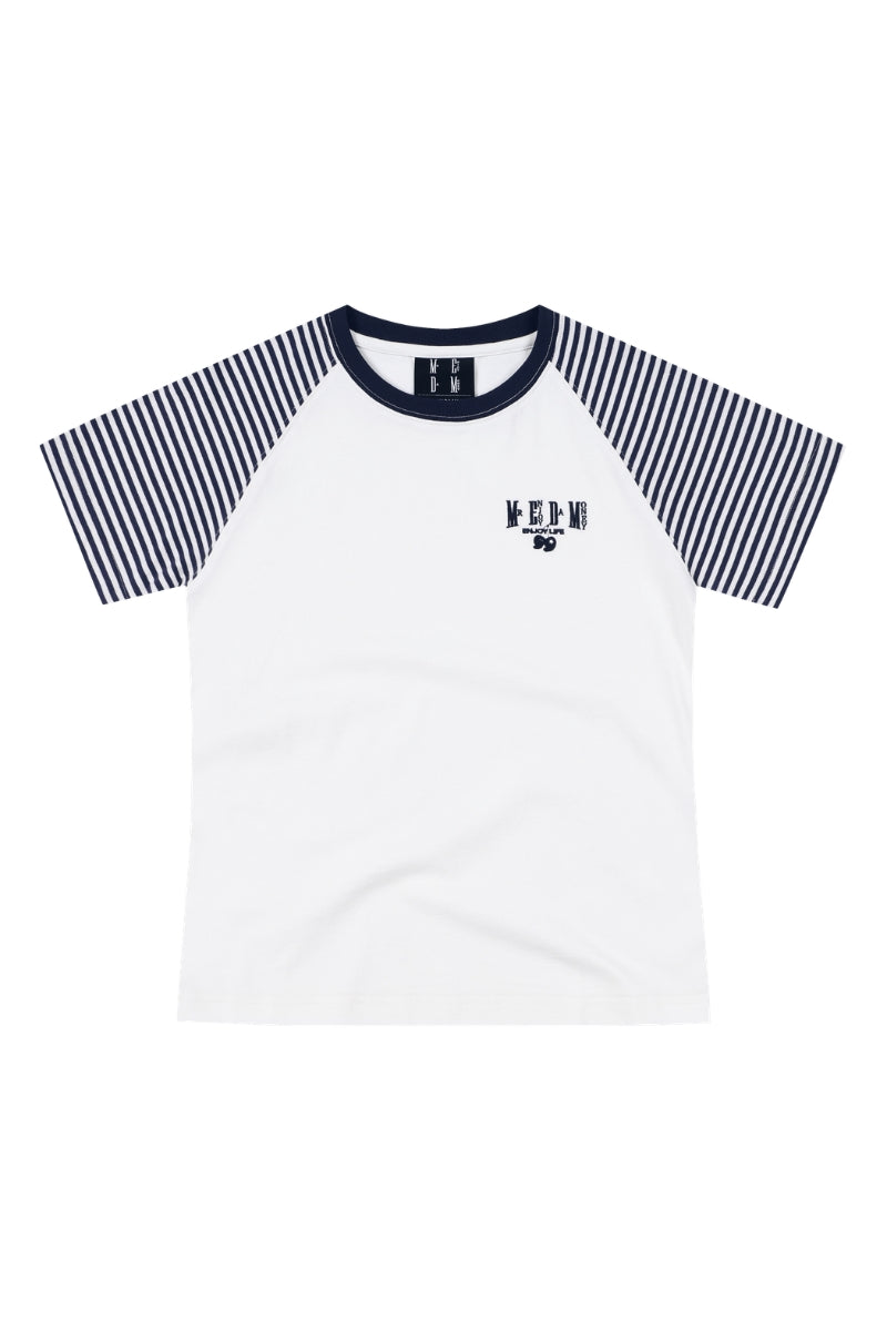 MEDM Stripe Raglan Embroidered Logo Loose T-shirt Women