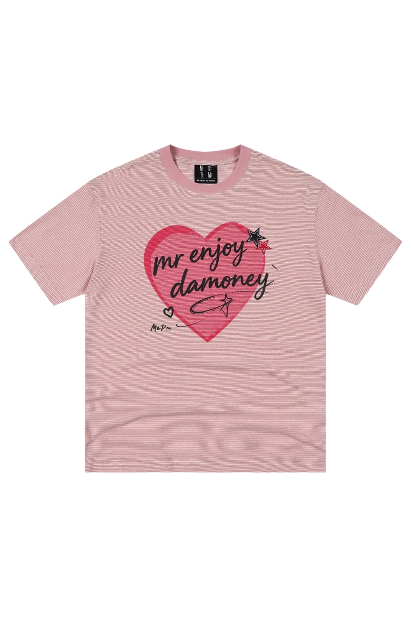 MEDM Striped Heart Letter Print Slim Loose Unisex T-shirt