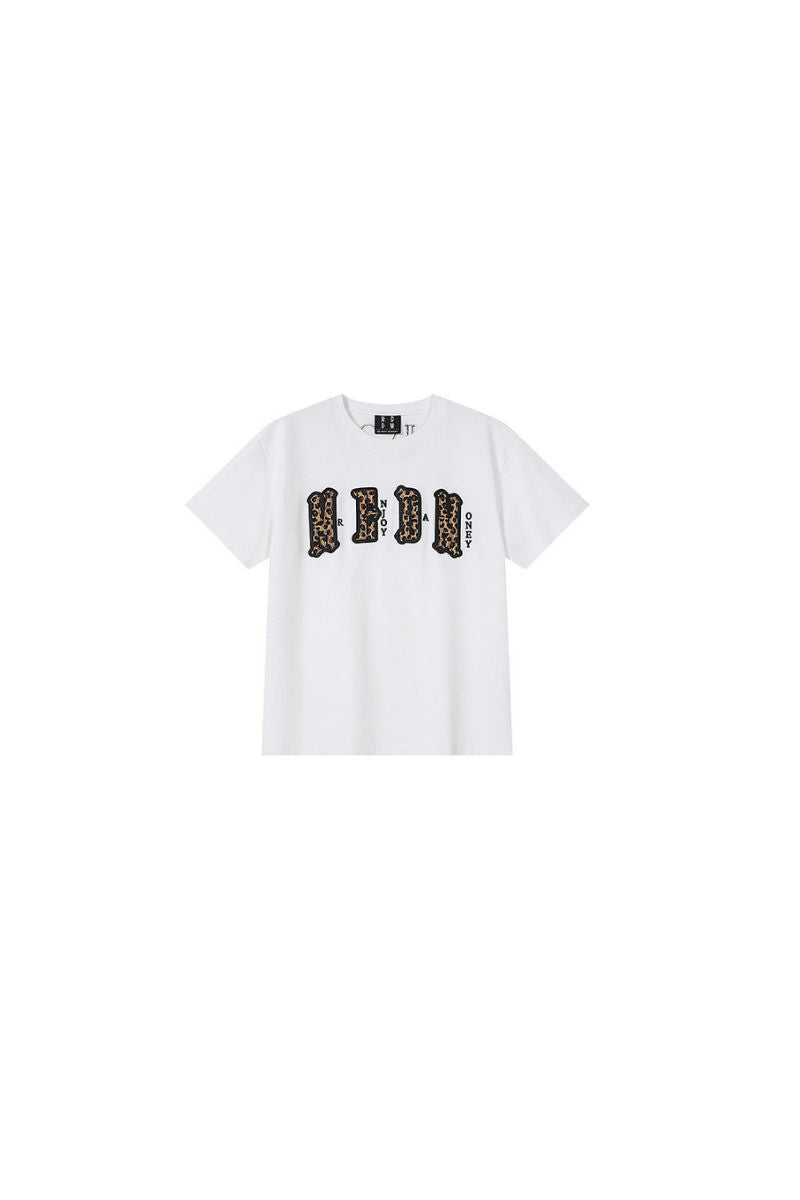 MEDM double skin leopard print chest four-word short sleeve T