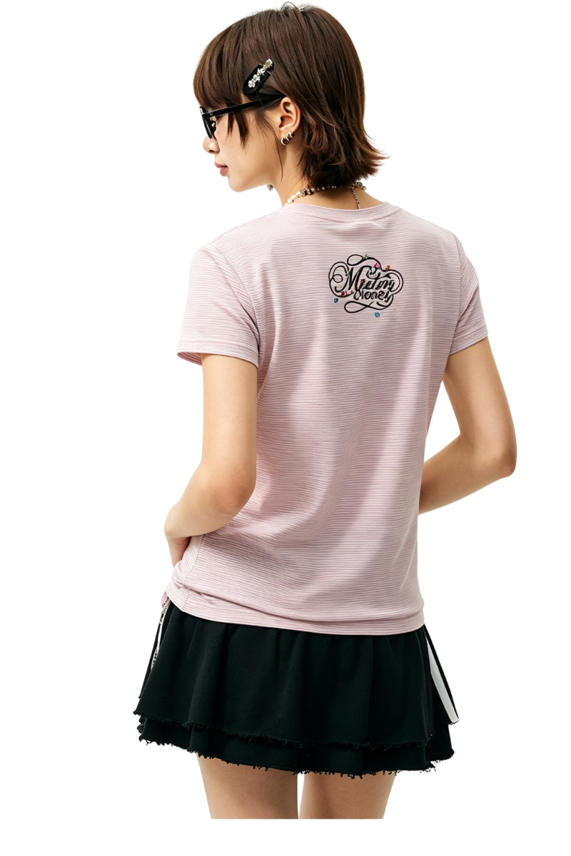 MEDM Rhinestone Cursive Slim Crew Neck Women T-Shirt