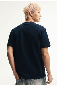 MEDM Contrast Patch Embroidered Logo Oversized Couple Crew Neck Short Sleeve T-Shirt