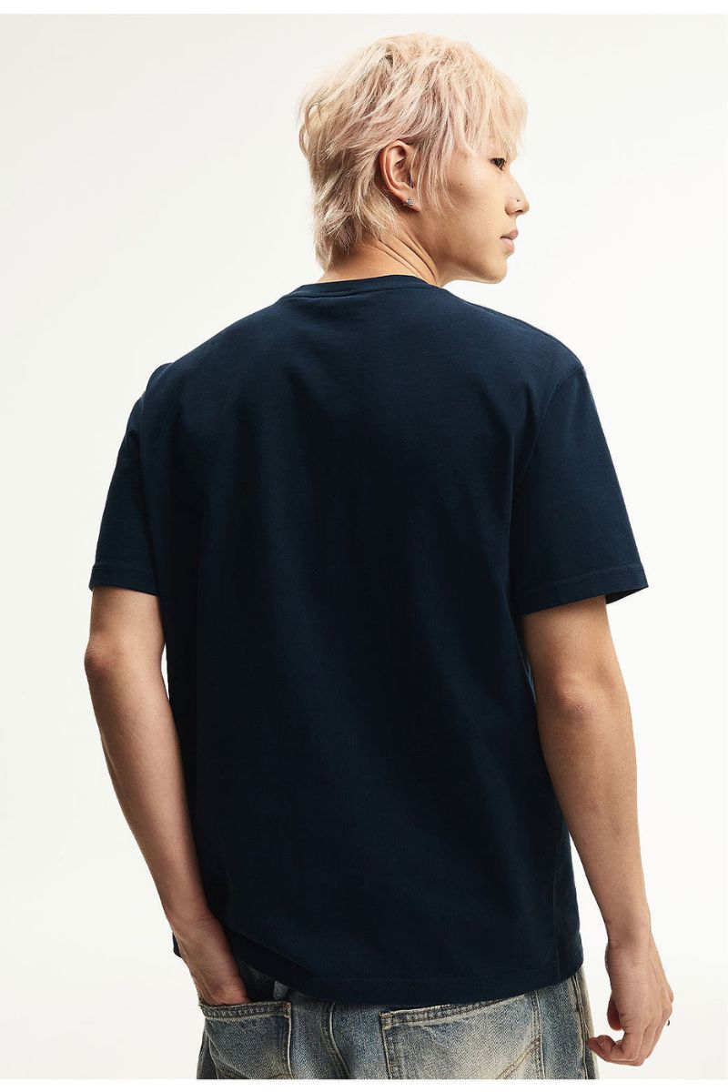 MEDM Contrast Patch Embroidered Logo Oversized Couple Crew Neck Short Sleeve T-Shirt