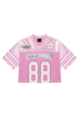 MEDM Women Cropped Retro Contrast V Neck Jersey Tee