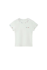 BJHG Women Colorful‑Embroidery Knitted Short‑Sleeve Tee, Set‑in‑Shoulder Slim‑Fit Top