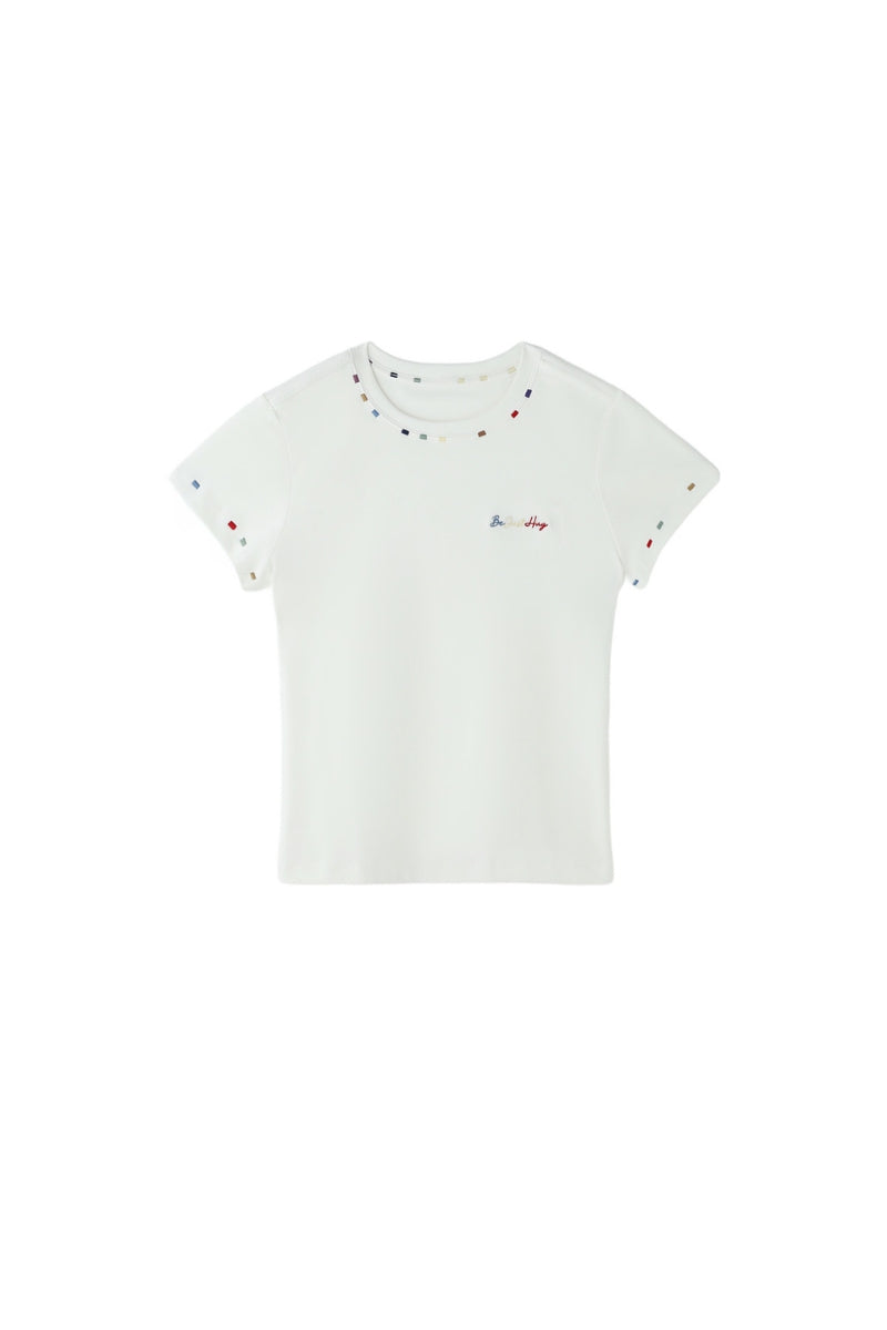 BJHG Women Colorful‑Embroidery Knitted Short‑Sleeve Tee, Set‑in‑Shoulder Slim‑Fit Top