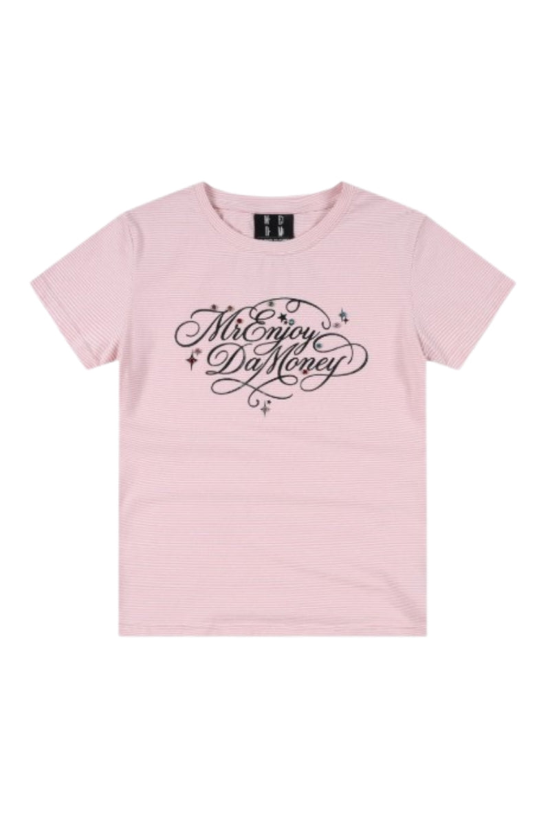 MEDM Rhinestone Cursive Slim Crew Neck Women T-Shirt