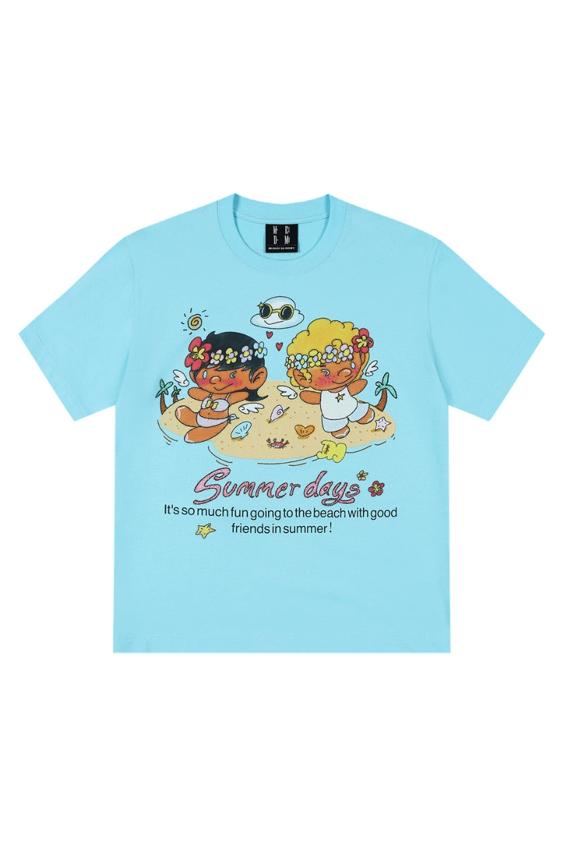 MEDM Angel Glitter Print Contrast Crew Neck Couple Tee