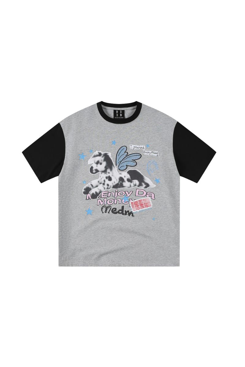 MEDM Blurry Pony Print Glitter Stars Crew Neck T-shirt