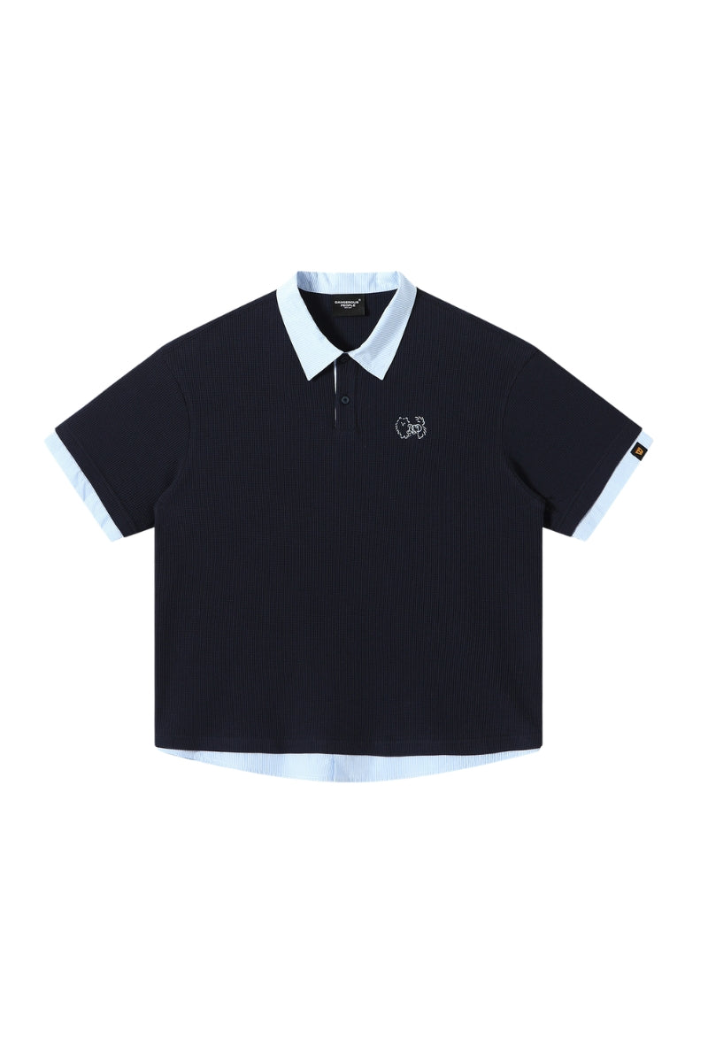 DangerousPeople DSP｜Fake Two‑Piece Dog Embroidery Oversized Drop‑Shoulder Polo Shirt