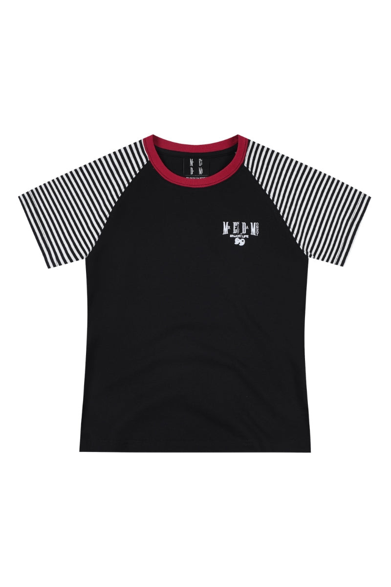 MEDM Stripe Raglan Embroidered Logo Loose T-shirt Women
