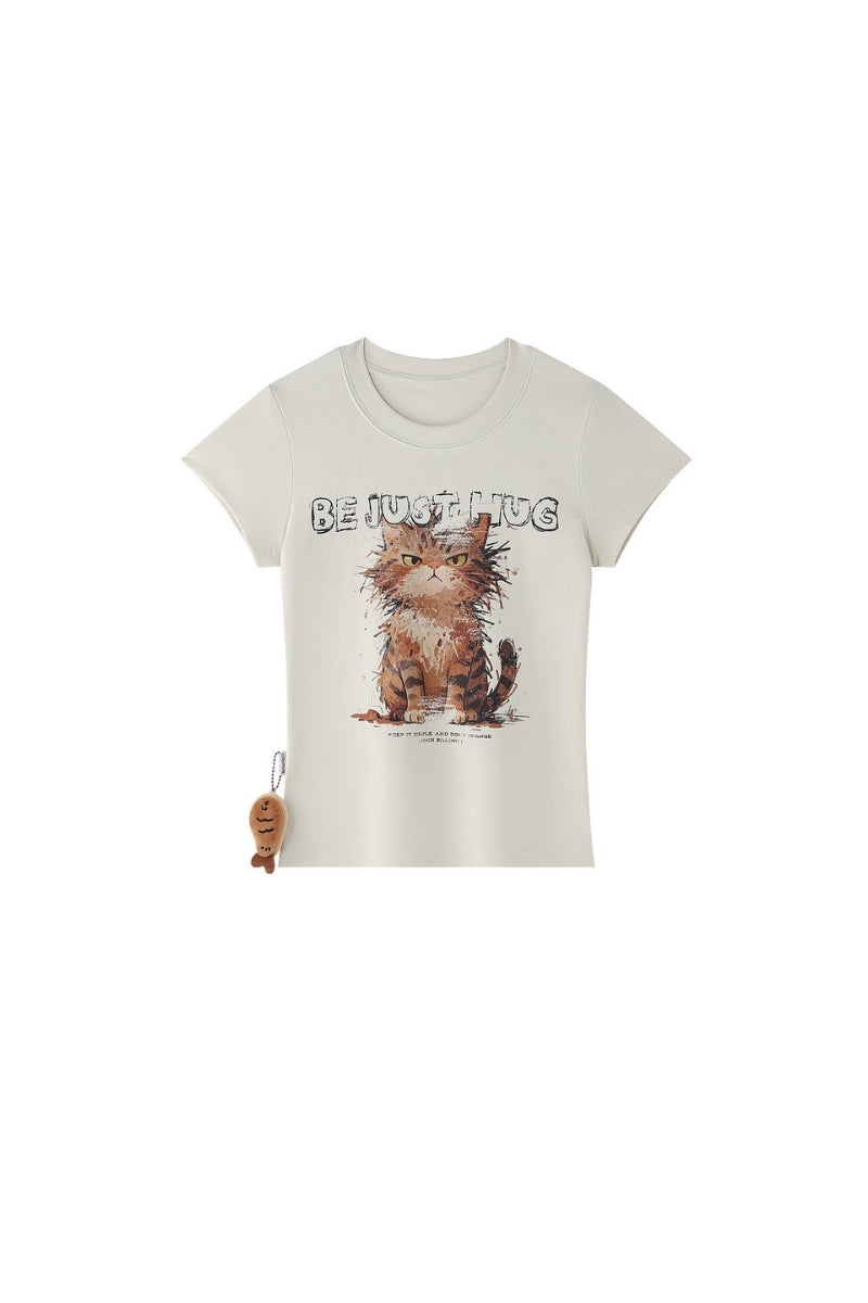 BJHG No‑Spoil Series Cat Print True‑Shoulder Fitted Tee Unisex Summer Couple Top