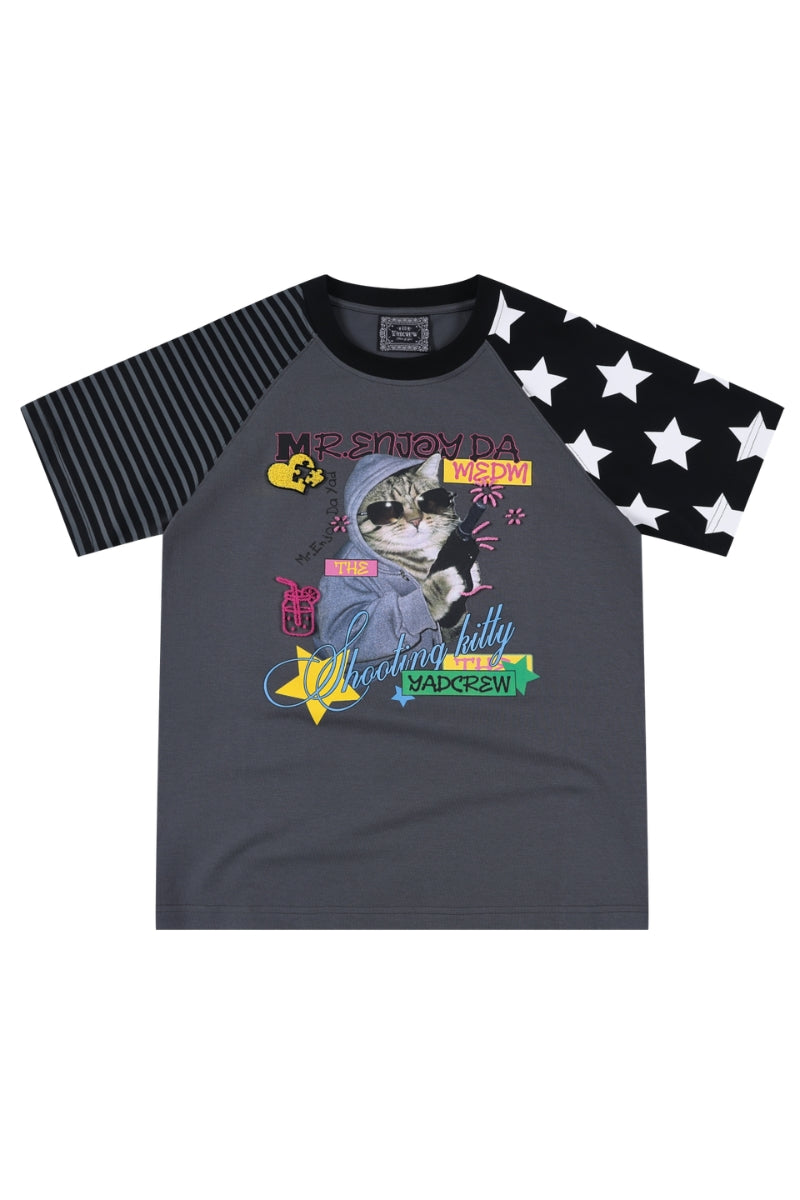 MEDM x YAD Cat & Dog Battle Print 3D Letter Raglan Women Tee