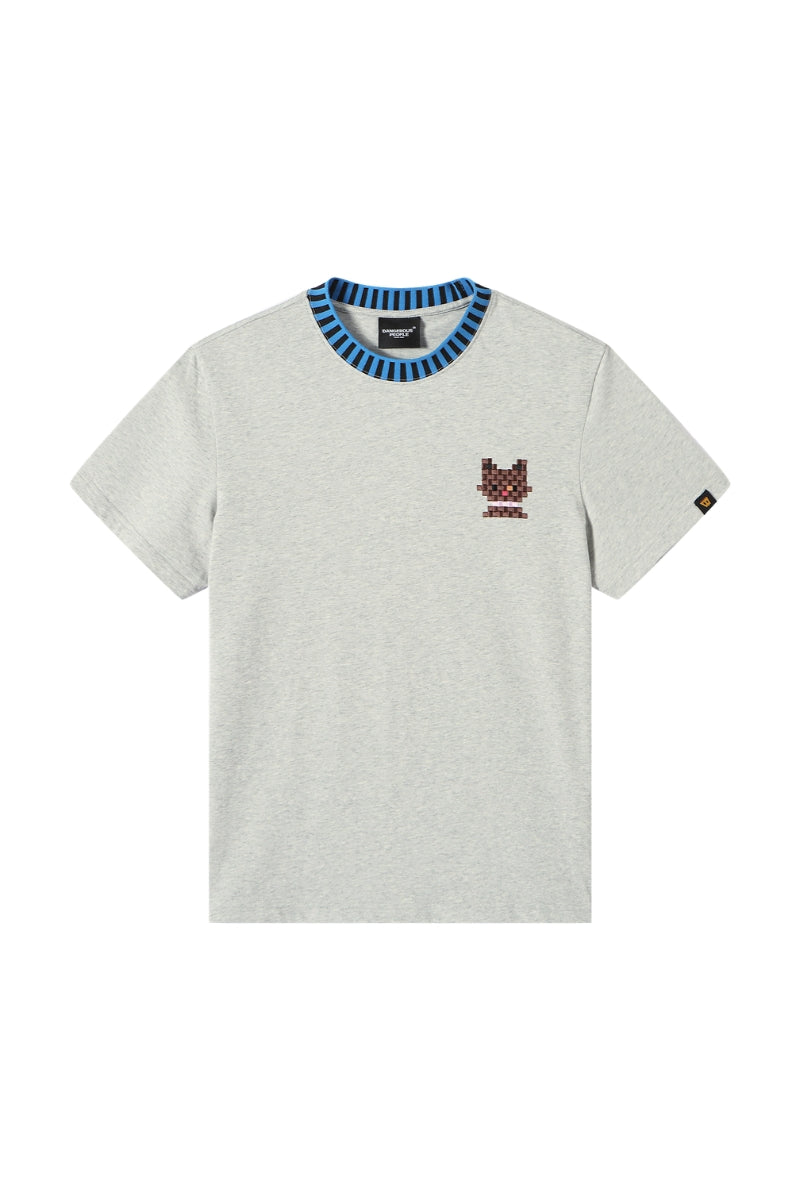 DangerousPeople DSP｜Striped Color Block Cat Embroidery Loose Short Sleeve Tee