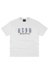 MEDM Vintage Denim Patch Rhinestone Crew Neck Tee