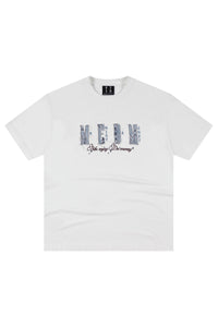 MEDM Vintage Denim Patch Rhinestone Crew Neck Tee