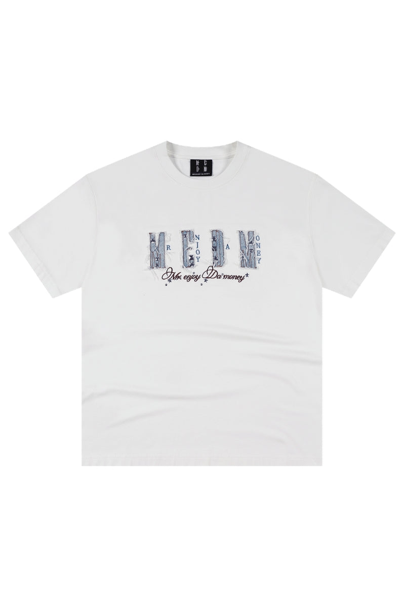 MEDM Vintage Denim Patch Rhinestone Crew Neck Tee