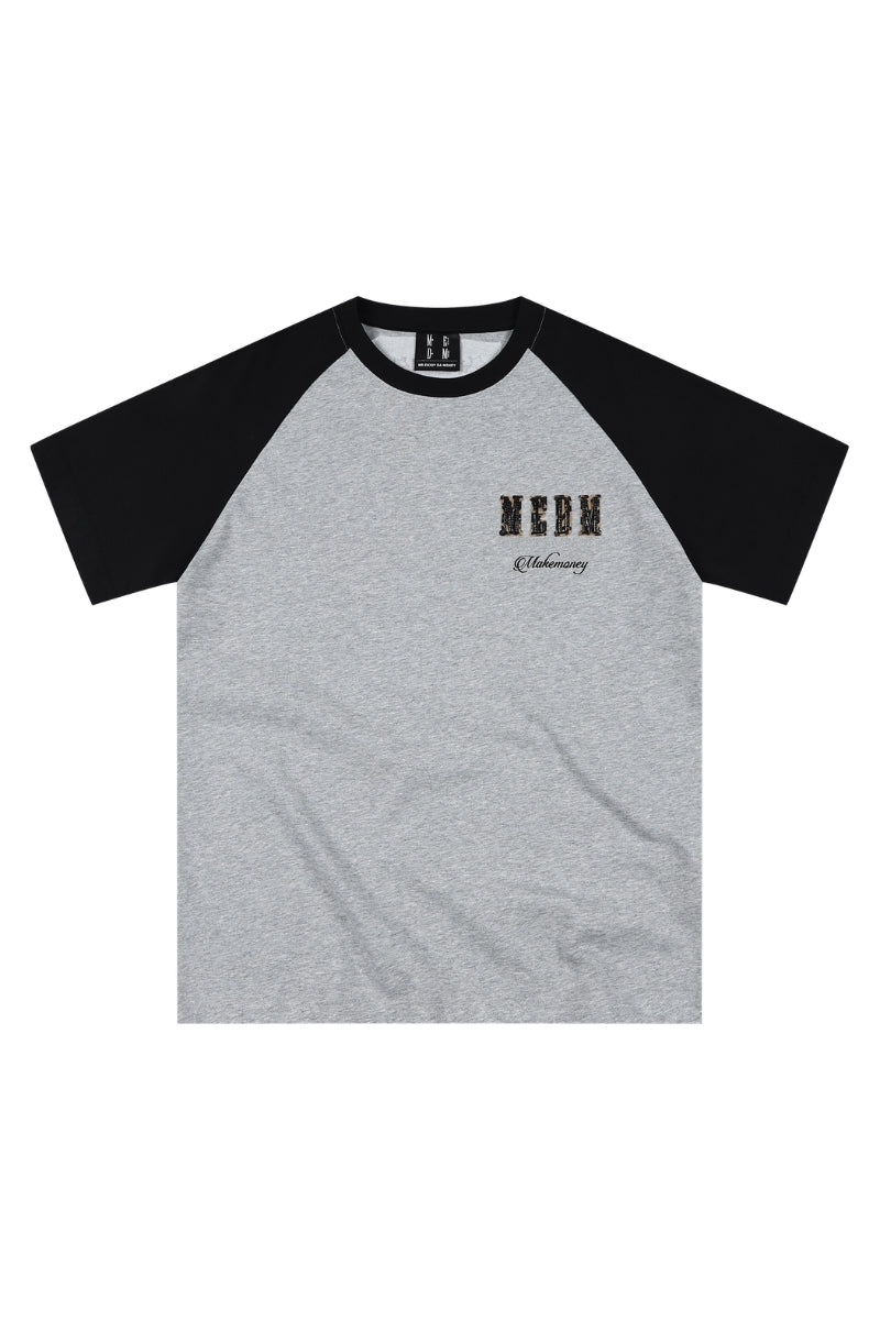 MEDM Contrast Raglan Leopard Leather Patch Vintage Tee
