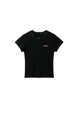BJHG Women Colorful‑Embroidery Knitted Short‑Sleeve Tee, Set‑in‑Shoulder Slim‑Fit Top