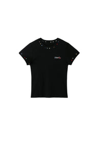 BJHG Women Colorful‑Embroidery Knitted Short‑Sleeve Tee, Set‑in‑Shoulder Slim‑Fit Top