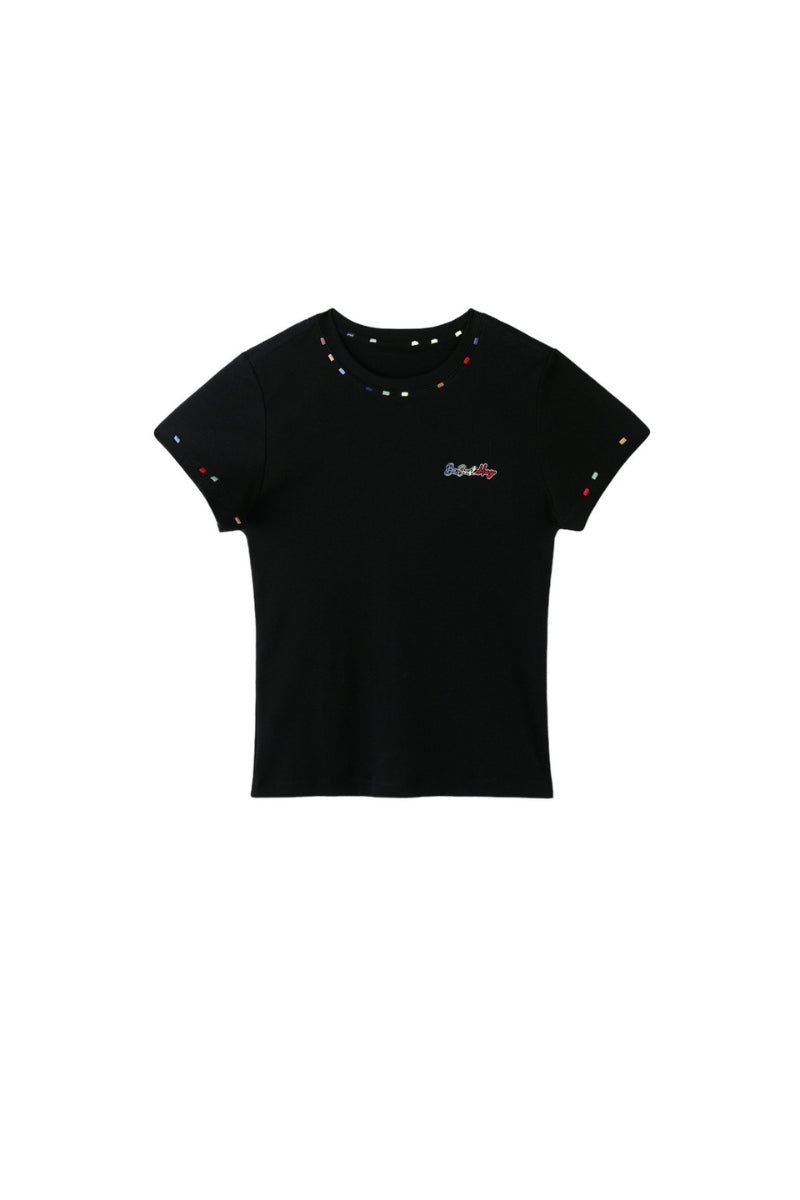 BJHG Women Colorful‑Embroidery Knitted Short‑Sleeve Tee, Set‑in‑Shoulder Slim‑Fit Top