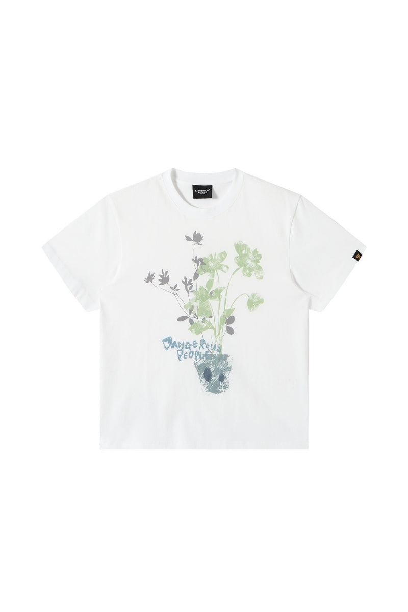 Dangerouspeople DSP Rub‑Print Hand‑Drawn Flower Graffiti Loose T‑Shirt