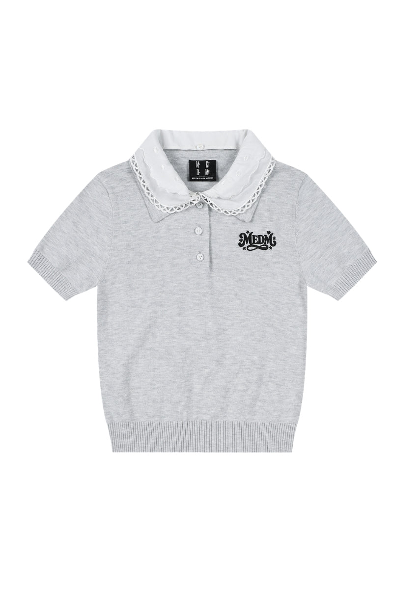MEDM Detachable Lace Collar Knit Polo Women Summer Tee