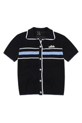 MEDM 2026 Striped Mesh Knit Collared Short Sleeve Top