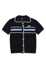 MEDM 2026 Striped Mesh Knit Collared Short Sleeve Top