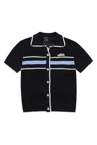 MEDM 2026 Striped Mesh Knit Collared Short Sleeve Top