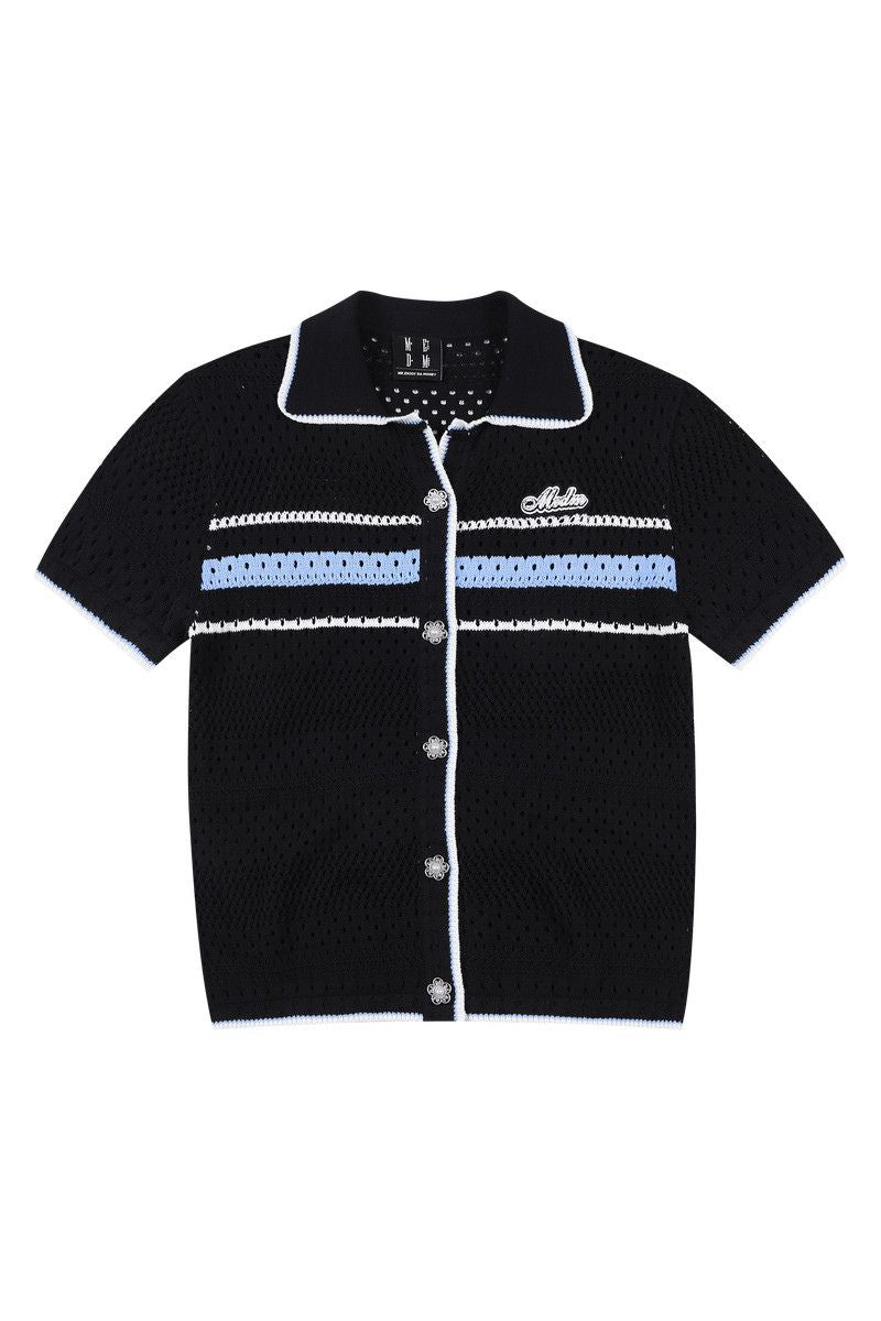 MEDM 2026 Striped Mesh Knit Collared Short Sleeve Top