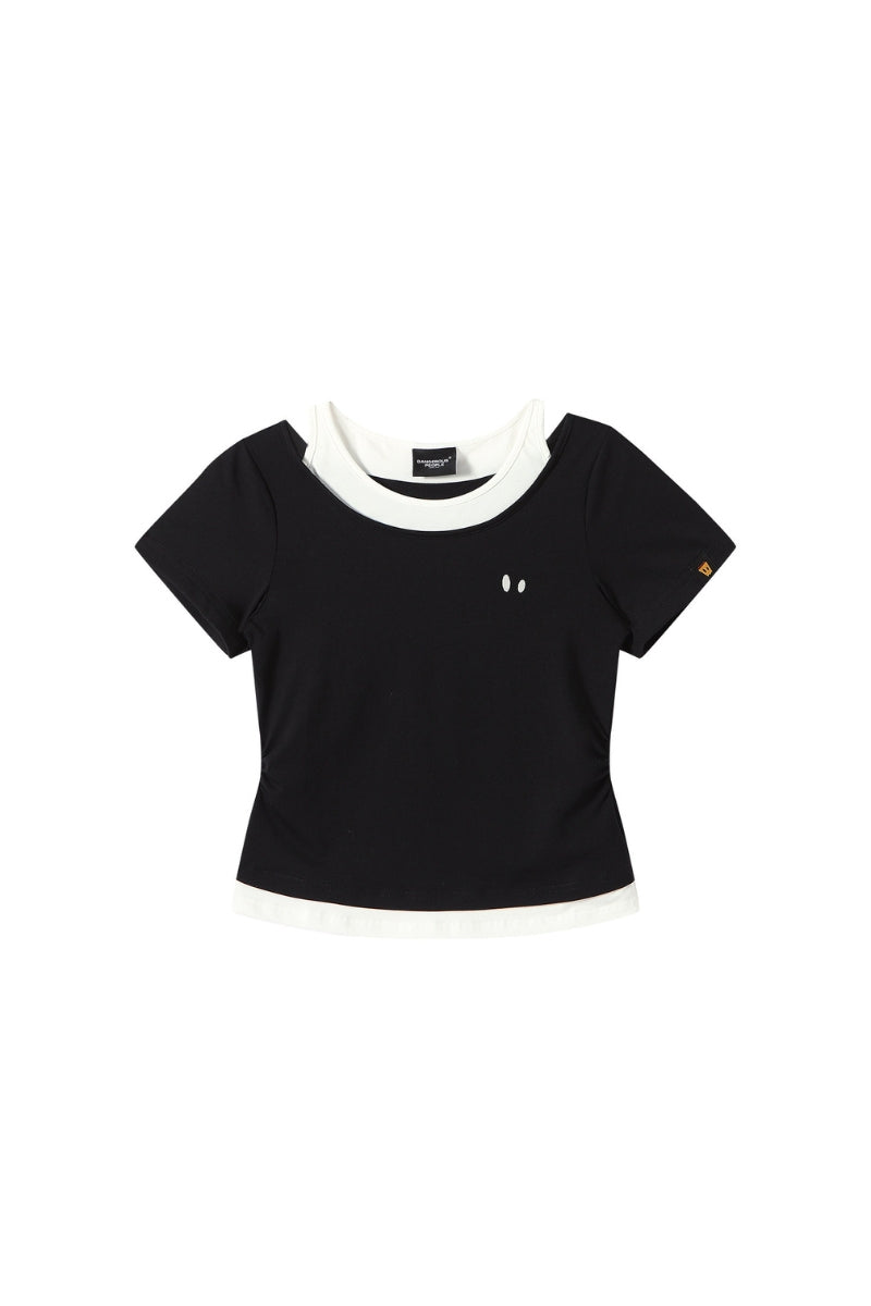 DangerousPeople｜Spliced Mock Two‑Piece Color‑Block Women’s T‑Shirt