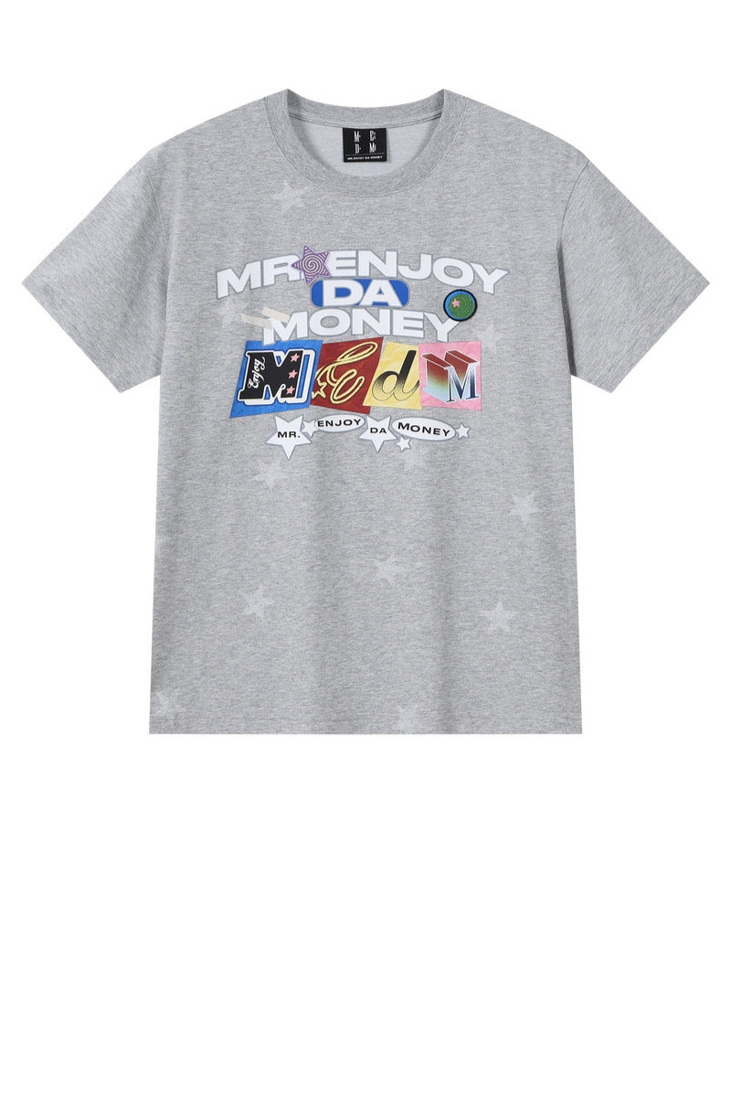 MEDM All Over Print Star Letter Embroidery T-shirt, Loose Crew Neck Couple Tee