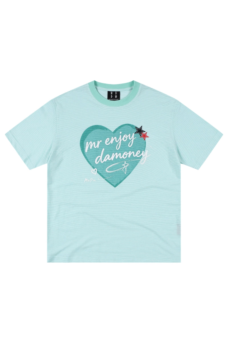 MEDM Striped Heart Letter Print Slim Loose Unisex T-shirt