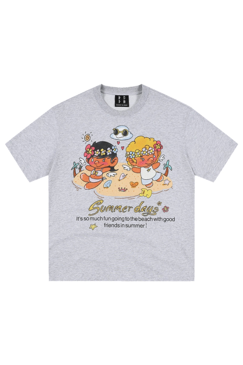 MEDM Angel Glitter Print Contrast Crew Neck Couple Tee