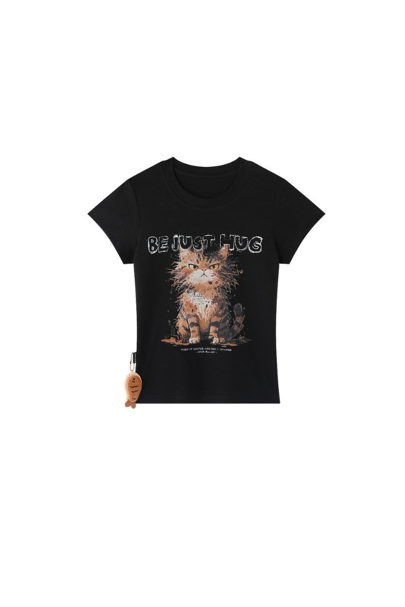 BJHG No‑Spoil Series Cat Print True‑Shoulder Fitted Tee Unisex Summer Couple Top